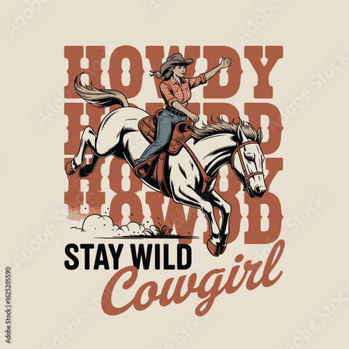 Cowgirl riding a bucking horse giving a thumbs up with Howdy text rodeo
