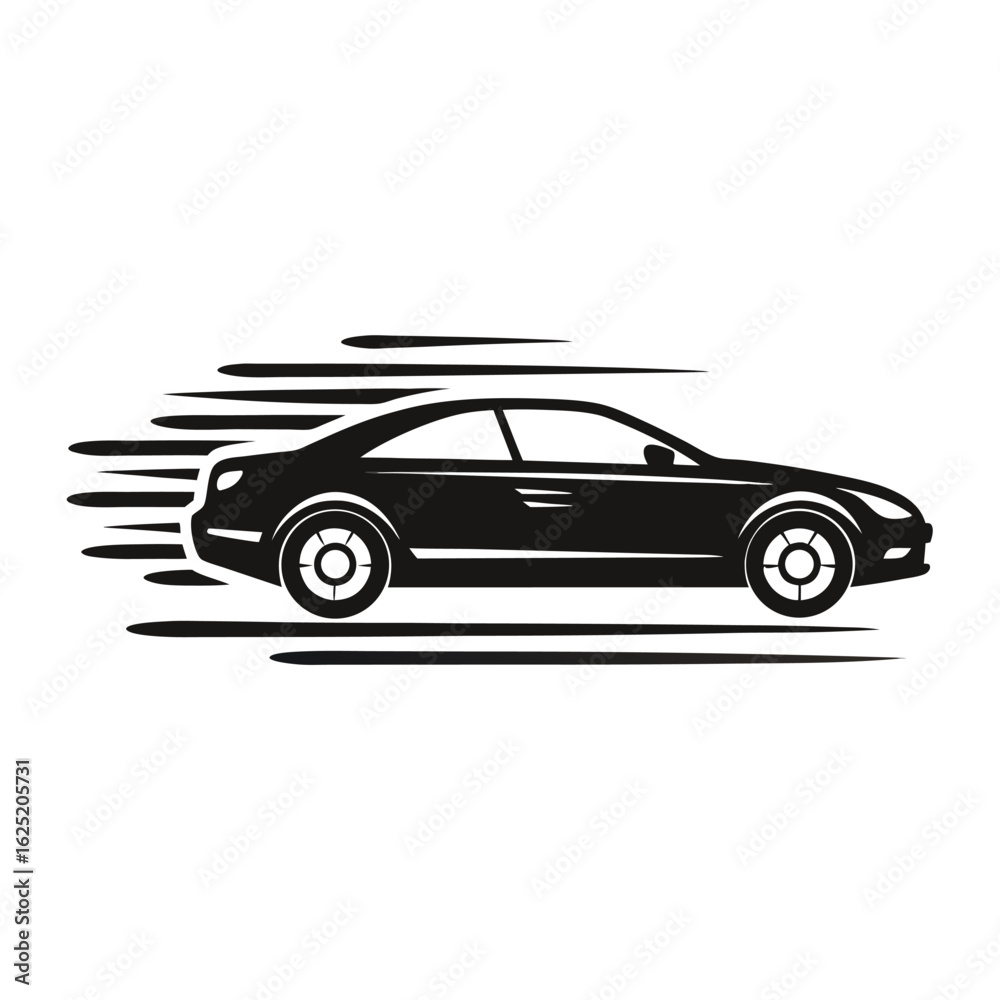 Fototapeta premium Sleek black car in motion, depicted with dynamic speed lines to convey fast movement and performance, isolated on white background
