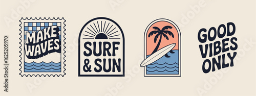 Four retro surf and beach themed graphic logos with text vintage