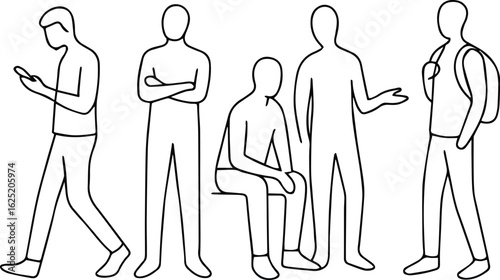 CAD Drawings. Set of People Line Art Vector Illustration. Hand Drawn Sketch of Casual Men in Various Poses. Minimalist Outline Character Figures for Architecture and Design Projects. Group of People.