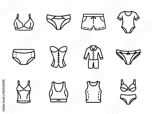 Underwear and lingerie icon set in clean outline style with bras, panties, boxers, slips, camisoles, and intimates for clothing, sleepwear, and fashion themes