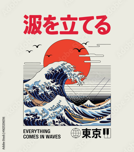 Japanese wave graphic with red sun and text in Japanese and English ocean