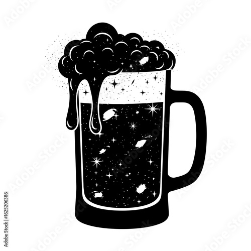 A mug of dark beer with foam and bubbles isolated on white background