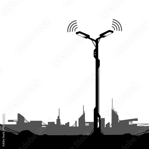 Smart street light with city silhouette isolated on white background