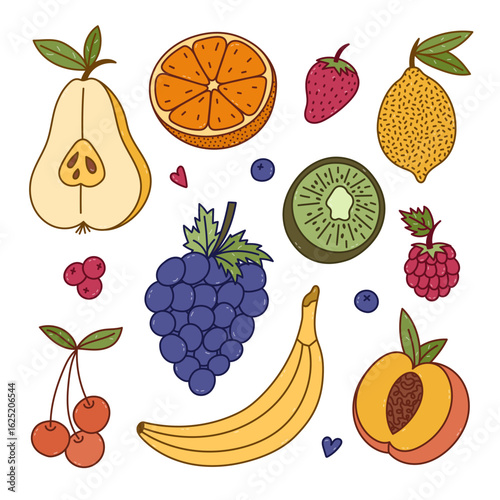 Lovely colourful set with juicy tasteful fruits and berries. Hand drawn doodle of pear, kiwi, peach, lemon, orange for design, social media, print. Tropical ripe fruit full of vitamins collection