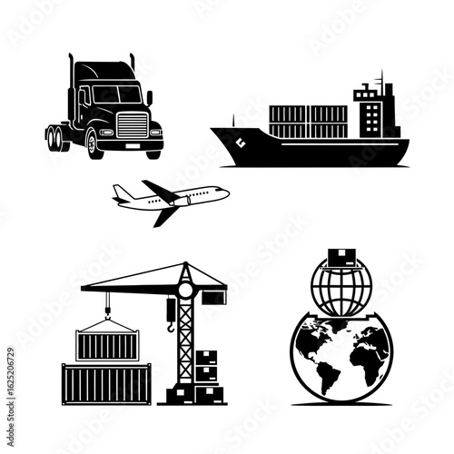 Transportation and logistics icons representing global trade isolated on white background