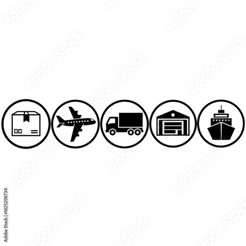 Icons representing package delivery, transportation and logistics isolated on white background