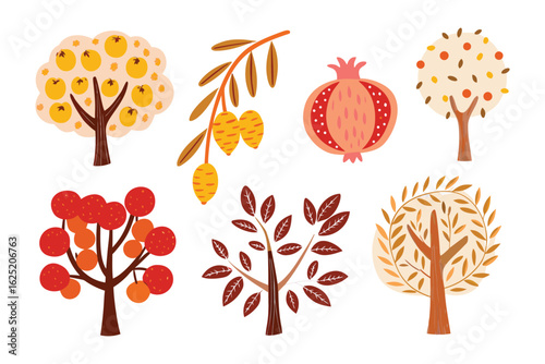 Orchard of Nature's Bounty: A collection of stylized trees laden with fruits, showcasing the vibrant diversity of nature's harvest with bright colors and whimsical forms.