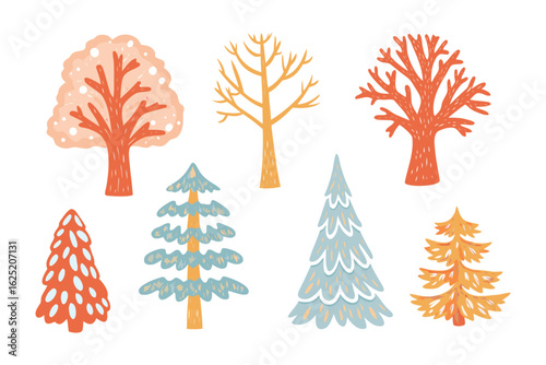 Illustrative Trees: A selection of stylized trees showcase seasonal diversity and natural forms. These illustrations capture the essence of nature's arboreal beauty in an engaging visual display. 