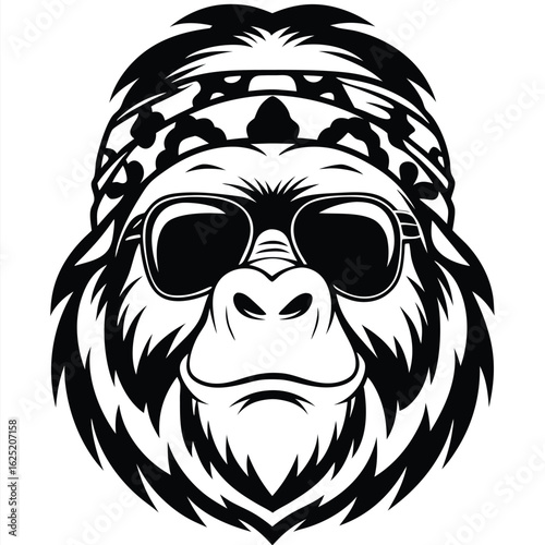 Black primate gorilla wearing sunglasses and a decorative headband features prominently in monochrome