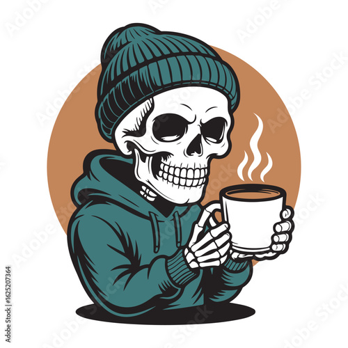 Cozy Skeleton Enjoying Hot Coffee – Cartoon Vector Illustration
