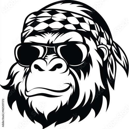 Confident gorilla illustration wearing sunglasses and patterned bandana conveys a powerful, assertive stance