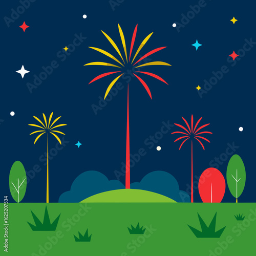 Colorful fireworks display over a grassy hillside at night
