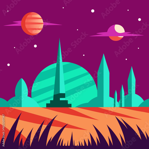 Futuristic alien cityscape under a purple sky with two moons