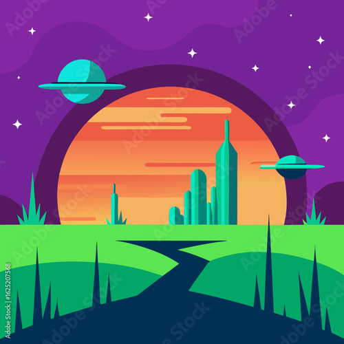 Futuristic alien landscape with flying saucers and cityscape