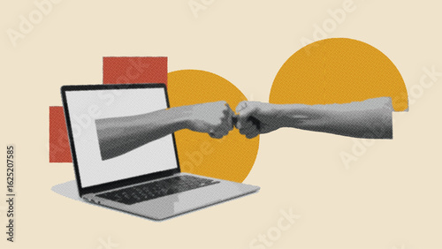 Digital Fist Bump and Handshake Through a Laptop Screen. Concept of Remote Collaboration, Teamwork, Online Partnership, and Virtual Connection.

