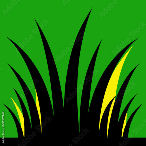Stylized black grass blades with yellow accents on green background