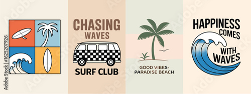 Retro Surf Beach Vibes Collection with Van Palm Tree and Waves surfing ocean