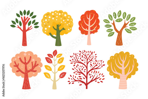 Vibrant trees Illustration : A collection of stylized trees in full bloom, each with unique leaf structures and colorful autumn foliage, evoking the beauty of nature.