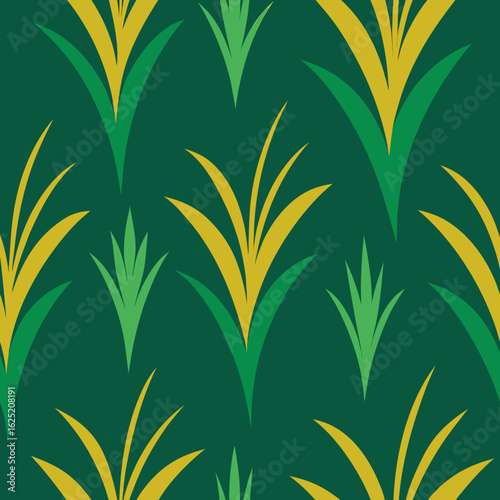 Green and yellow grass blades pattern on dark green background