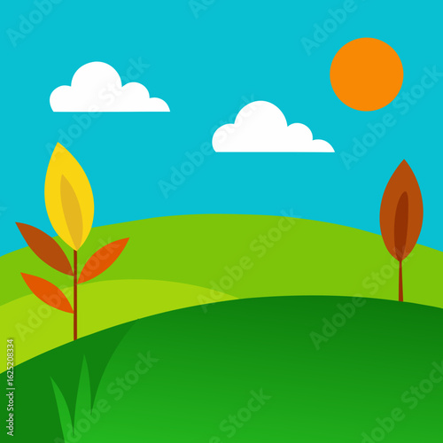 Stylized landscape with rolling green hills a bright sun and abstract plants