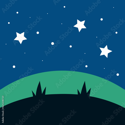 Starry night sky over rolling hills and grass