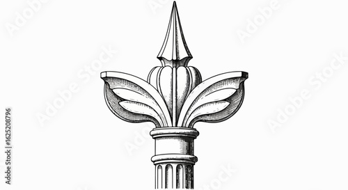 Ornate Architectural Finial with Pointed Spearhead and Leaf-Shaped Accents