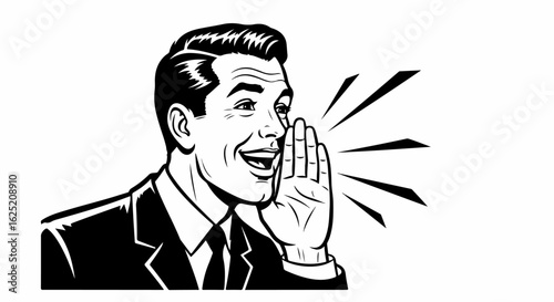 Retro Man in Suit Shouting with Hand Cupped to Mouth