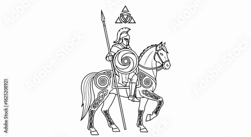 Ancient Celtic Warrior on Horseback with Spear and Shield, Intricate Knotwork Line Art