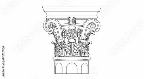Intricate Line Drawing of a Classical Corinthian Column Capital with Acanthus Leaves and Wheat