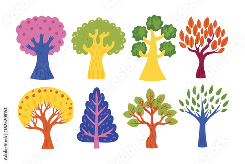 Vibrant Tree Collection: An assortment of playful trees showcases nature's diversity with a spectrum of colors and unique shapes, celebrating the beauty of arboreal forms.