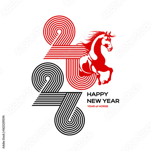 Red fire Horse is a symbol of the 2026 Chinese New Year on white background. Horses head in a zero number round decor frame. Vector illustration of zodiac sign for greeting card, poster,calendar