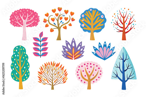 Whimsical Tree Collection: A delightful collection of whimsical trees, each exuding its own unique charm and style. The vibrant colors and stylized designs bring a touch of magic and wonder.