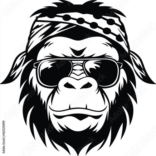 Cool gorilla dons sunglasses and bandana, radiating charisma in simple black and white