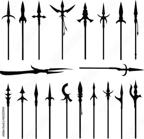 Spear and Polearm Vector Silhouette Set. A comprehensive collection of medieval and historical weapon designs for fantasy, gaming, and history concepts.