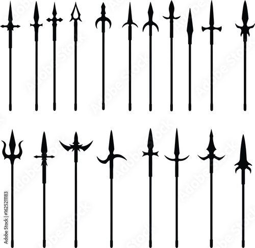Spear and Polearm Vector Silhouette Set. A comprehensive collection of medieval and historical weapon designs for fantasy, gaming, and history concepts.