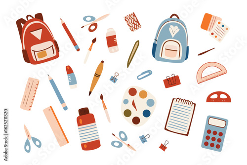 Essential School Tools: A vibrant collection of school supplies, including backpacks, pencils, and scissors, meticulously arranged to inspire creativity and learning.