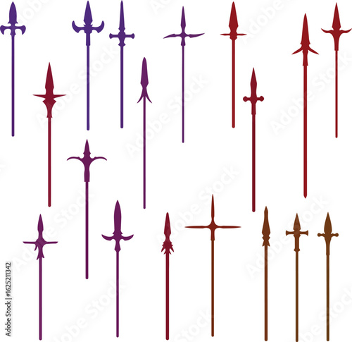 Spear and Polearm Vector Color Illustration Set. A detailed collection of vibrant medieval and historical weapon designs for fantasy, gaming, and comics.