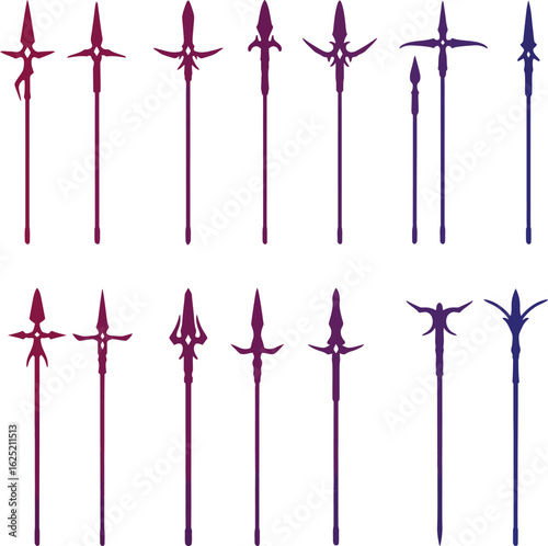 Spear and Polearm Vector Color Illustration Set. A detailed collection of vibrant medieval and historical weapon designs for fantasy, gaming, and comics.