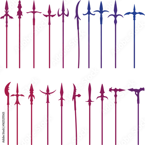 Spear and Polearm Vector Color Illustration Set. A detailed collection of vibrant medieval and historical weapon designs for fantasy, gaming, and comics.