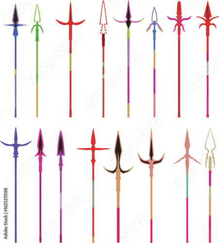 Spear and Polearm Vector Color Illustration Set. A detailed collection of vibrant medieval and historical weapon designs for fantasy, gaming, and comics.