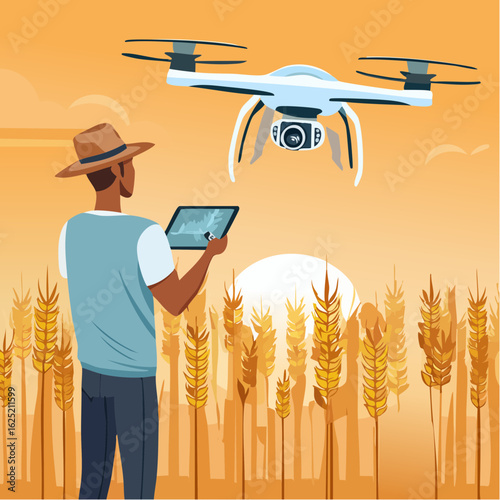 Drone Crop Scanning Over Wheat Field at Sunrise – Vector Modern Agriculture Illustration
