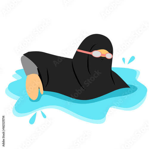 Illustration of muslim woman swimming in water 