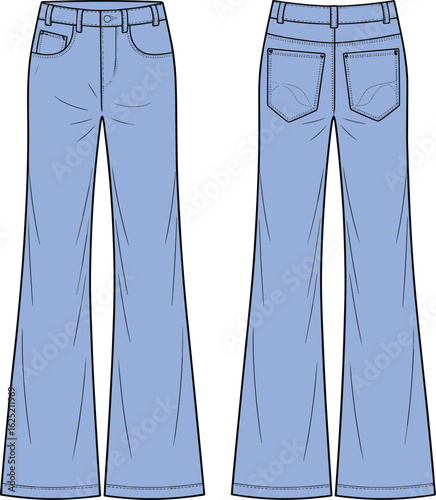 Flared blue jeans flat sketch, denim pants CAD drawing front and back, fashion technical vector for women's bottomwear design illustration