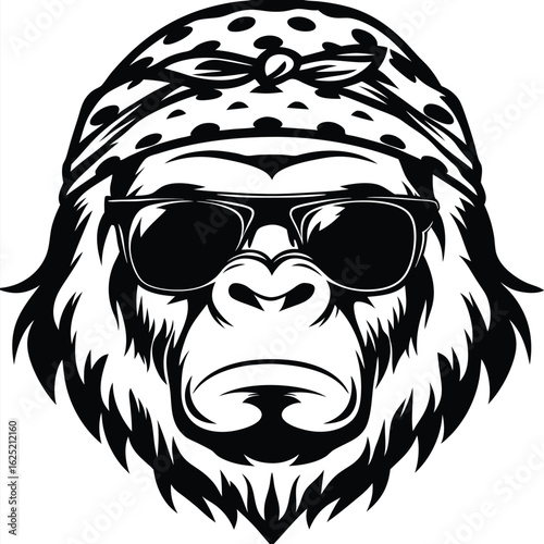 Cool gorilla wearing sunglasses and bandana in black and white looks formidable