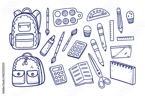 Back to School Essentials: A detailed collection of essential school supplies, showcasing a backpack, ruler, pencil, pen, calculator, notebook, paint palette and other stationary tools