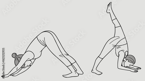 Yoga practitioners in plow pose, transitioning into push-up position, illustrated in vector style for flexibility and fitness.