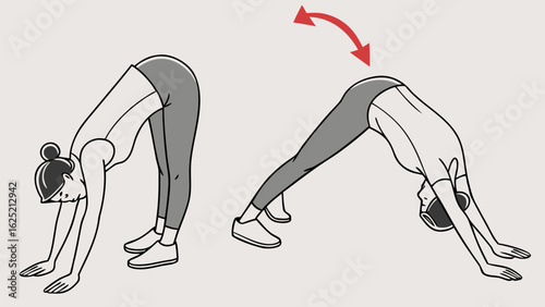 Couple performing plow pose in yoga, getting ready for push-up exercise, depicted in vector wellness illustration.