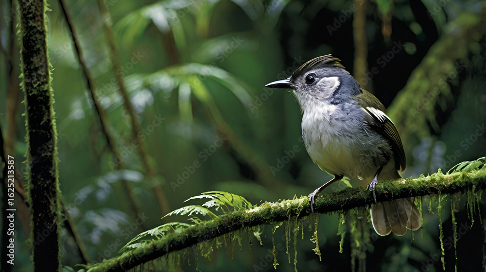 Obraz premium White-plumed Antbird on Mossy Branch in Rainforest 