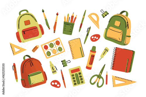 Back-to-School Essentials: An array of vibrant school supplies, from colorful backpacks and pencils to notebooks and rulers, forming a visually appealing collection to stimulate creativity.